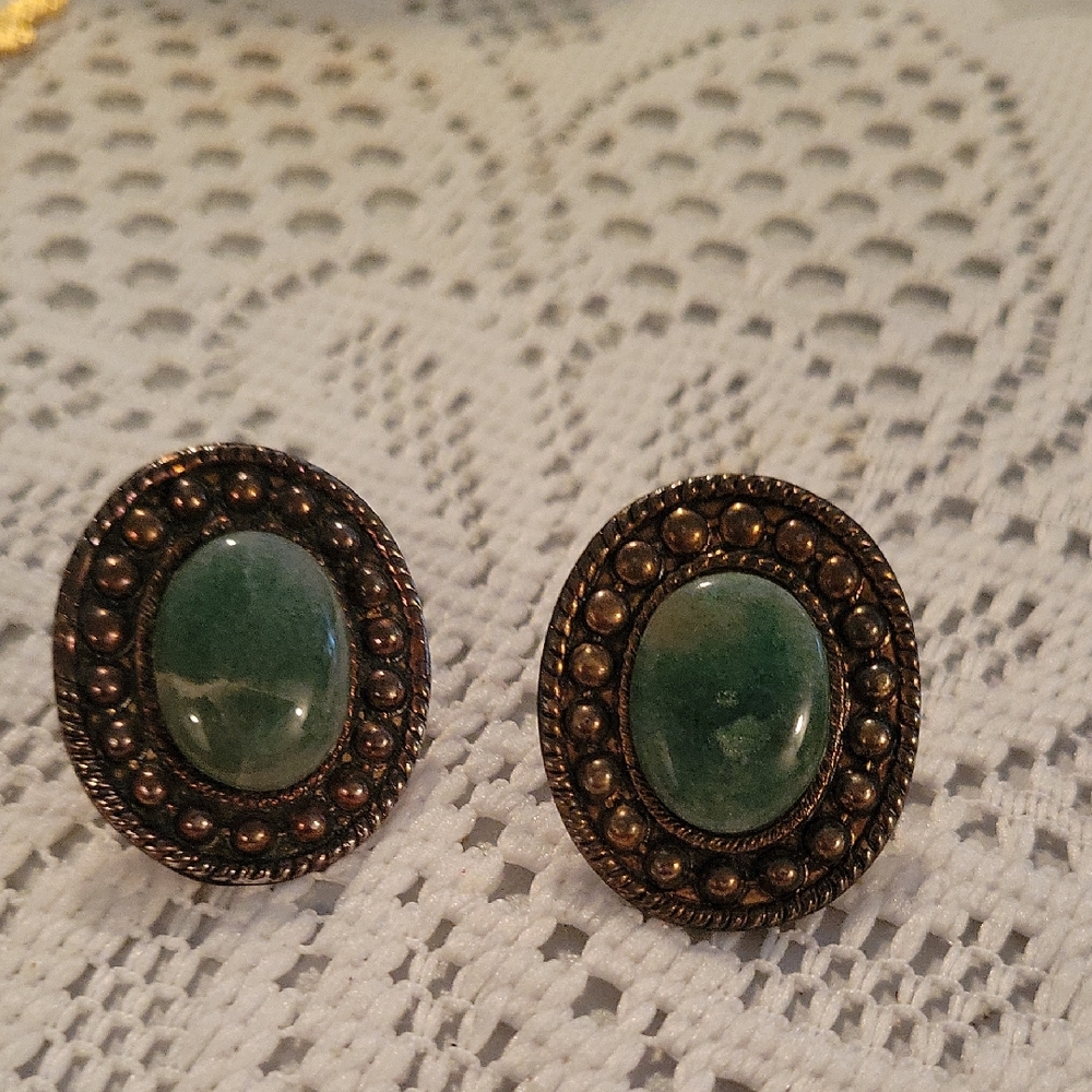 Green stone Burnished Gold Earrings